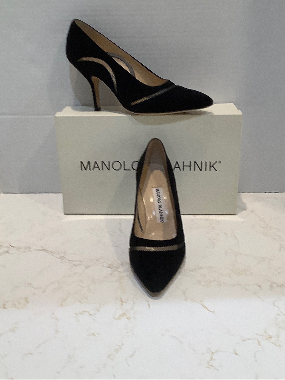 Manolo Blahnik Black Suede Pointed Toe Pumps with Subtle Trim